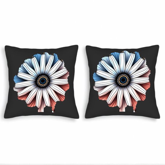 Set of 2 Decorative Throw Pillow Covers 18x18in - Black Background with Intricate White Flower Design and Vibrant Red - Blue Gradient