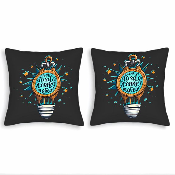 Set of 2 Decorative Throw Pillow Covers 18x18in - Black Background with Light Bulb Design Colorful Energy Bursts & Stylish Text