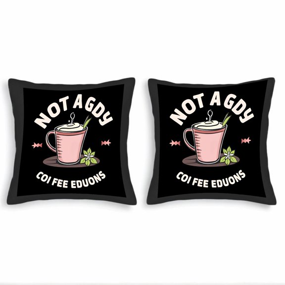 Set of 2 Decorative Throw Pillow Covers 18x18in - Black Background with Pink Coffee Mug Floral Accents and Fun Text Design