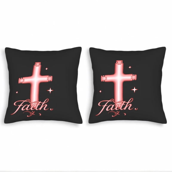 Set of 2 Decorative Throw Pillow Covers 18x18in - Black Background with Pink Cross & Stars ' Faith ' in Elegant Cursive - Perfect for Couch Bed Car