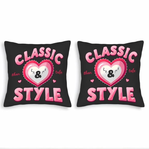 Set of 2 Decorative Throw Pillow Covers 18x18in - Black Background with Pink Heart & Symbol Bold ' CLASSIC ' & ' STYLE ' Cute Cursive ' then & tale '