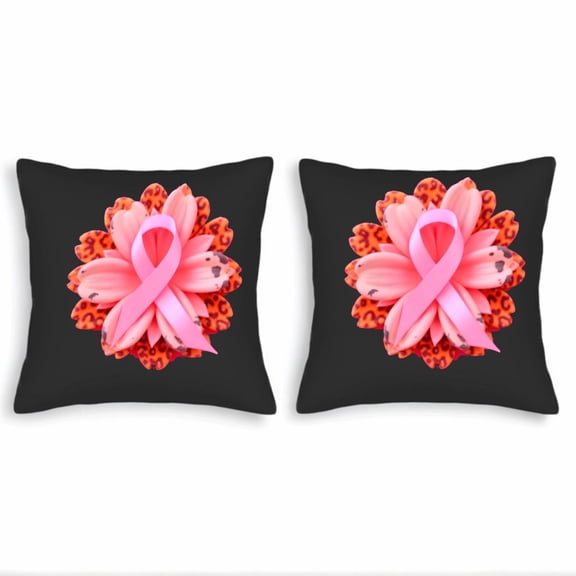 Set of 2 Decorative Throw Pillow Covers 18x18in - Black Background with Pink Ribbon & Floral Petal Design Print Accents