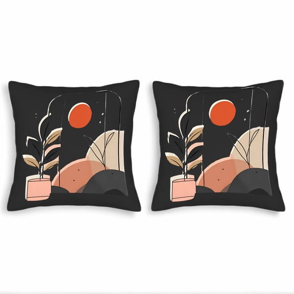 Set of 2 Decorative Throw Pillow Covers 18x18in - Black Background with Potted Plant & Abstract Mountain Design Perfect for Couch Bed Car