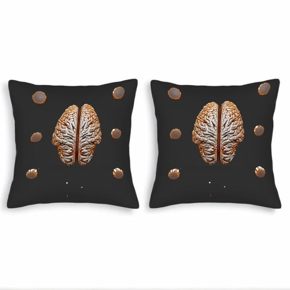 Set of 2 Decorative Throw Pillow Covers 18x18in - Black Background with Realistic Brain Illustration & Stylized Neurons - Perfect for Couch Bed Car
