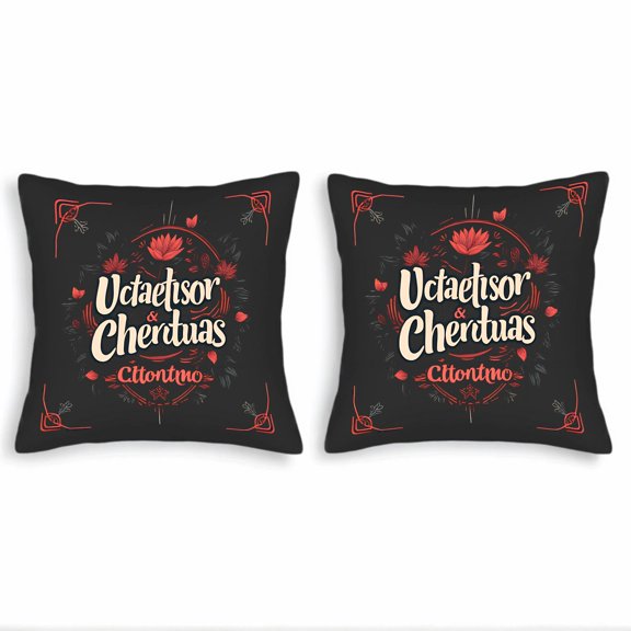 Set of 2 Decorative Throw Pillow Covers 18x18in - Black Background with Red & Orange Floral Patterns and Central Design