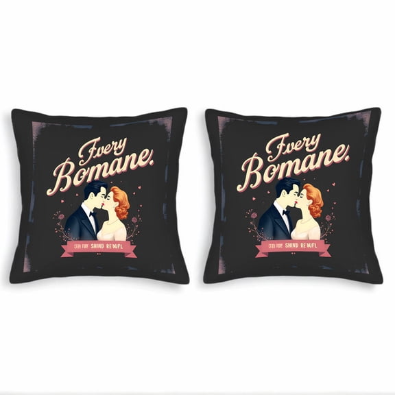 Set of 2 Decorative Throw Pillow Covers 18x18in - Black Background with Romantic Couple Illustration Pink Text & Heart Designs