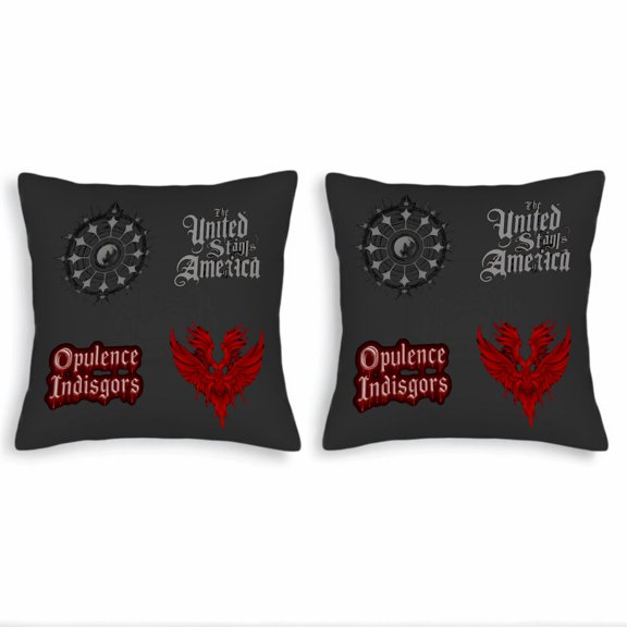 Set of 2 Decorative Throw Pillow Covers 18x18in - Black Background with Spiked Wheel Gothic Text Bold Red ' Opulence Indisgors ' and Phoenix Design