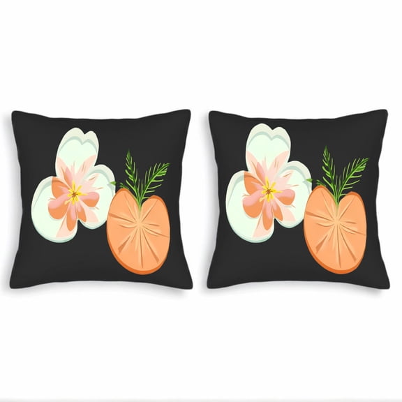 Set of 2 Decorative Throw Pillow Covers 18x18in - Black Background with Stylized Light Pink Orange Citrus Design for Couch Bed Car