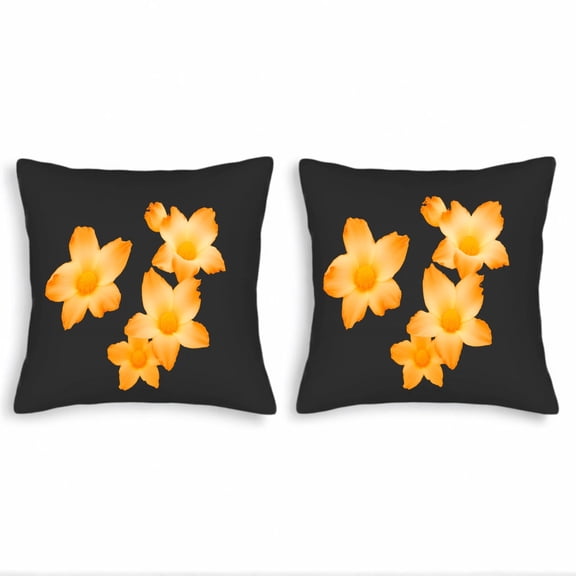 Set of 2 Decorative Throw Pillow Covers 18x18in - Black Background with Stylized Orange Flowers & Yellow Centers for Couch Bed Car