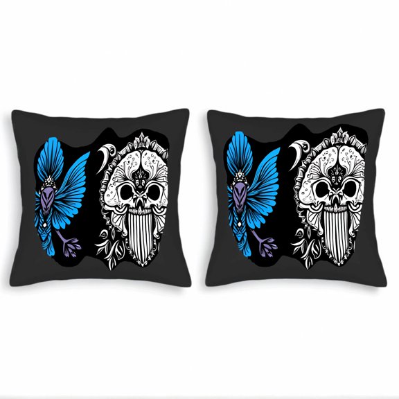 Set of 2 Decorative Throw Pillow Covers 18x18in - Black Background with Vibrant Blue Butterfly & Stylized Floral Skull Design