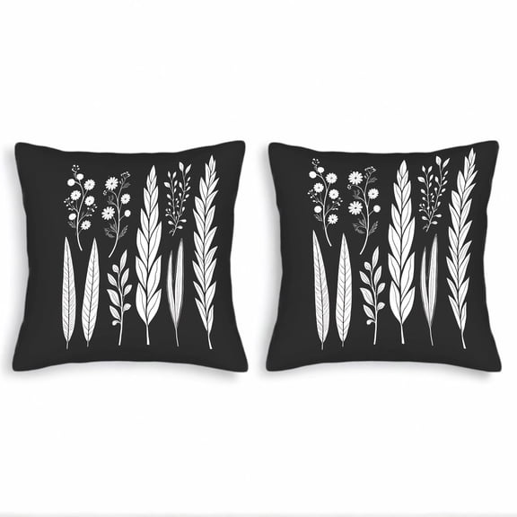 Set of 2 Decorative Throw Pillow Covers 18x18in - Black Background with White Floral and Leaf Pattern Perfect for Couch Bed Car