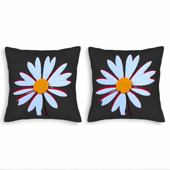Set of 2 Decorative Throw Pillow Covers 18x18in - Black Background with White Flower Design Red Outlined Petals Elegant Home Decor
