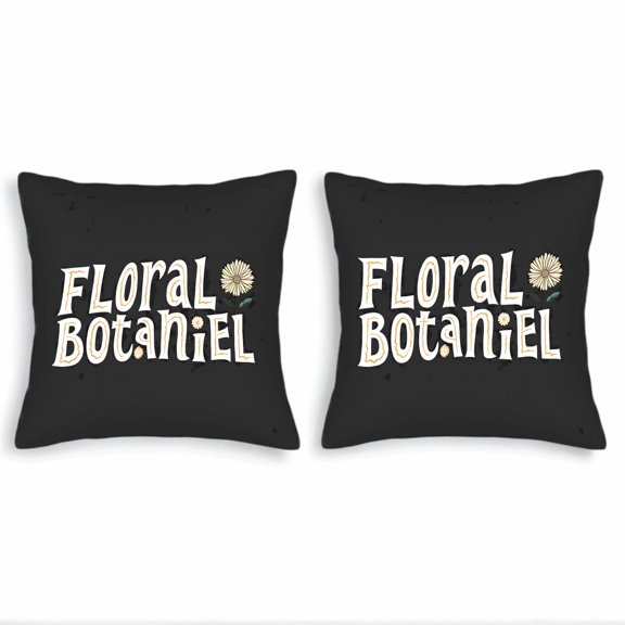 Set of 2 Decorative Throw Pillow Covers 18x18in - Black Floral Design with ' FLORAL BOTANIE ' Text Perfect for Couch Bed or Car