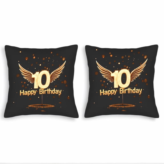 Set of 2 Decorative Throw Pillow Covers 18x18in - Black with Golden ' 10 ' and Wings ' Happy Birthday ' Text Festive Orange Dots