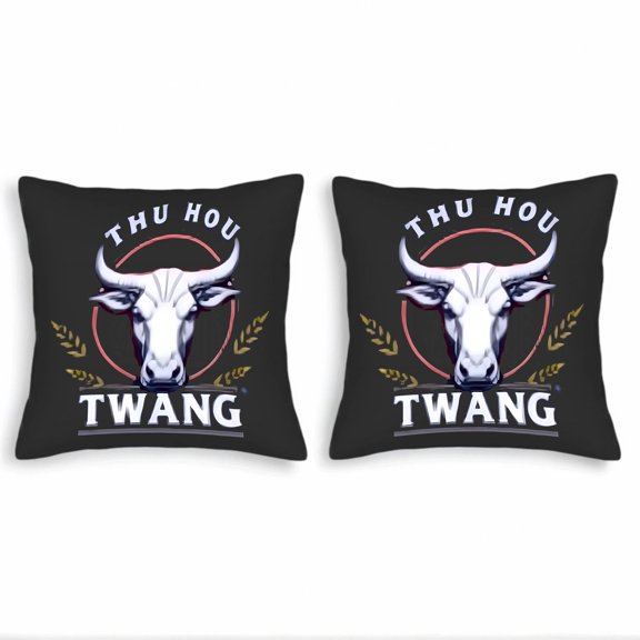 Set of 2 Decorative Throw Pillow Covers 18x18in - Black with White Red Border ' THU HOU ' & ' TWANG ' Text Gold Laurel Design