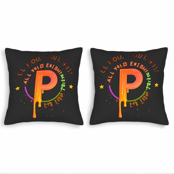 Set of 2 Decorative Throw Pillow Covers 18x18in - Bold Orange ' P ' Design with Glossy Drips Circular Pattern Stars on Black Background