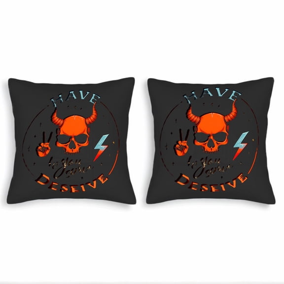 Set of 2 Decorative Throw Pillow Covers 18x18in - Bold Orange Skull with Horns Peace Sign on Dark Background