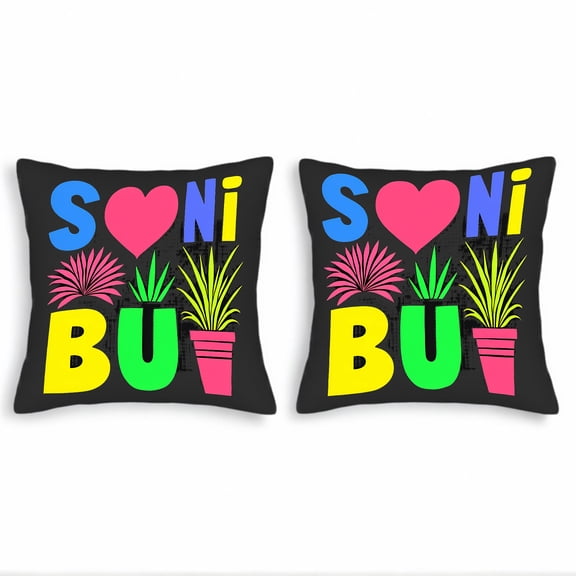 Set of 2 Decorative Throw Pillow Covers 18x18in - Bold " SONI " Design with Heart & Plant Illustrations for Couch Bed Car