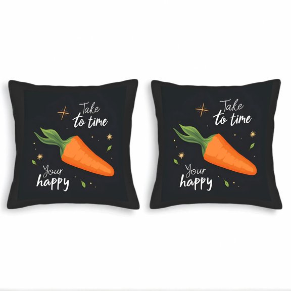 Set of 2 Decorative Throw Pillow Covers 18x18in - Cheerful Black Carrot Design with Green Leaves & Stars for Couch Bed Car
