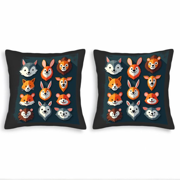 Set of 2 Decorative Throw Pillow Covers 18x18in - Colorful Animal Faces Design for Couch Bed Car - Playful Fox Rabbit Bear and Wolf Patterns