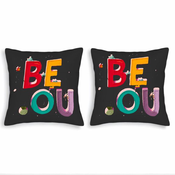 Set of 2 Decorative Throw Pillow Covers 18x18in - Colorful ' BEOU ' Design with Flowers Perfect for Couch Bed or Car