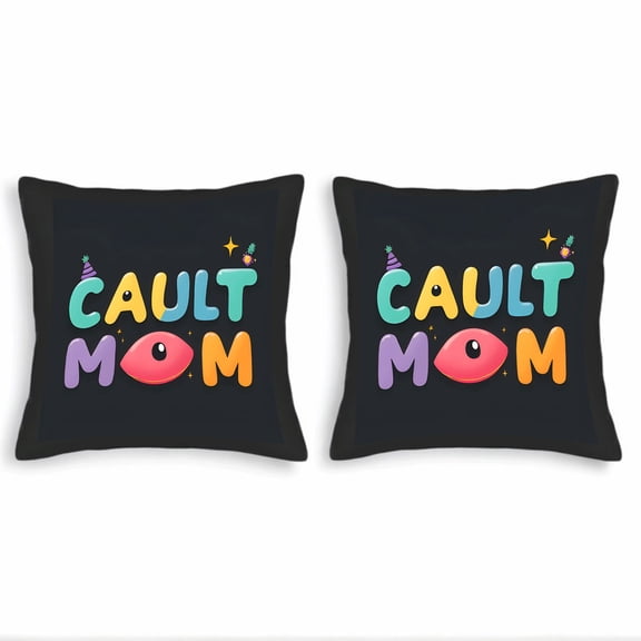 Set of 2 Decorative Throw Pillow Covers 18x18in - Colorful " CAULT MOM " Design with Whimsical Elements for Couch Bed Car