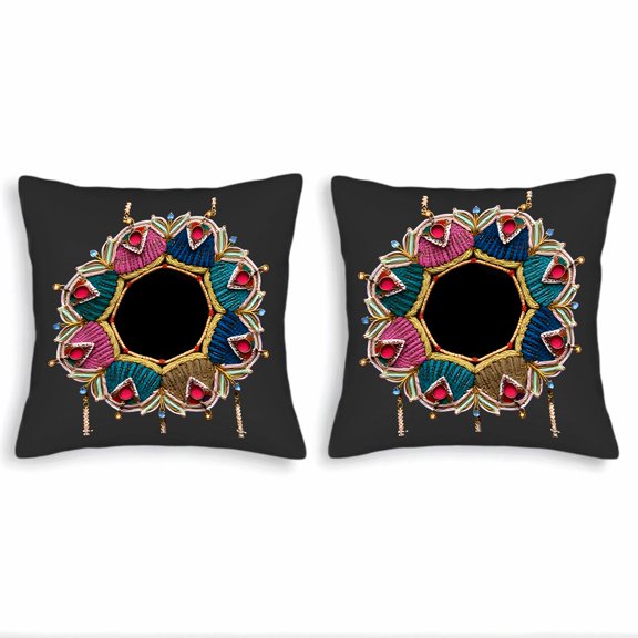 Set of 2 Decorative Throw Pillow Covers 18x18in - Colorful Floral Mandala Design on Black Background for Couch Bed Car
