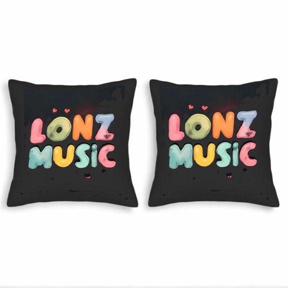 Set of 2 Decorative Throw Pillow Covers 18x18in - Colorful " LONZ MUSIC " Design with Pastel Letters & Red Hearts for Couch Bed Car