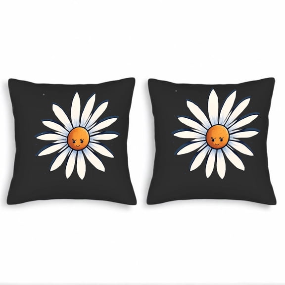Set of 2 Decorative Throw Pillow Covers 18x18in - Cute Cartoon Daisy Design with Blue Accents on Black Background for Couch Bed Car