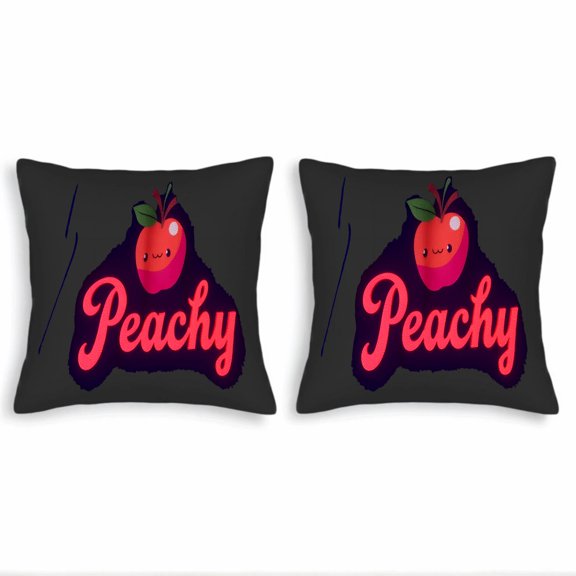 Set of 2 Decorative Throw Pillow Covers 18x18in - Cute Cartoon Design with ' Peachy ' in Pink Cursive on Dark Background for Couch Bed Car