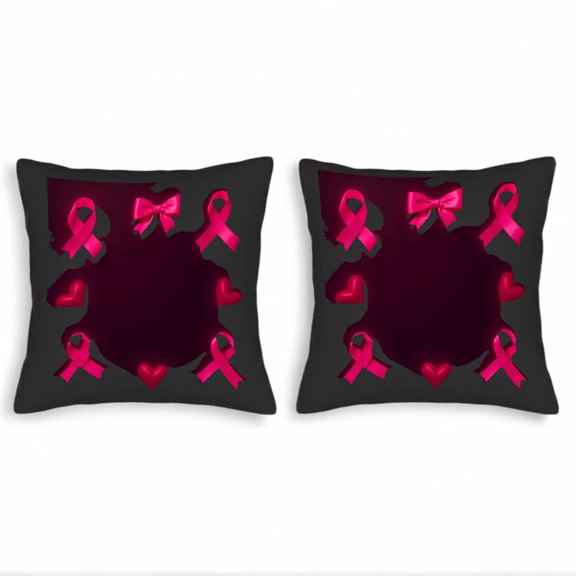 Set of 2 Decorative Throw Pillow Covers 18x18in - Dark Background with Pink Ribbons & Hearts for Couch Bed Car - Awareness Theme