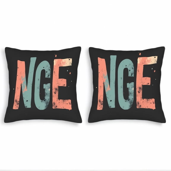 Set of 2 Decorative Throw Pillow Covers 18x18in - Distressed " NGE " Design in Teal Pink & Orange on Black Background - Perfect for Couch Bed or Car