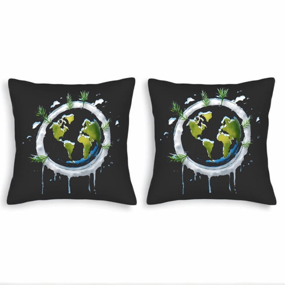 Set of 2 Decorative Throw Pillow Covers 18x18in - Earth Design with Green & Blue Continents Snowy Globe Pattern Black Background