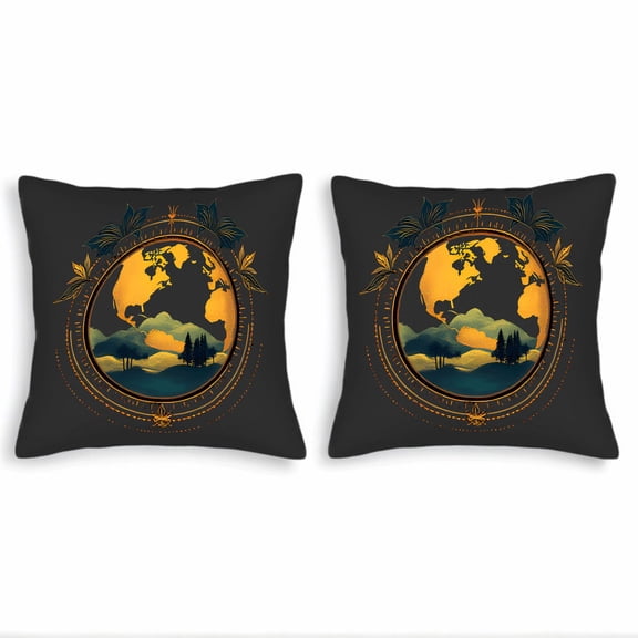 Set of 2 Decorative Throw Pillow Covers 18x18in - Earth Silhouette with Floral Patterns Elegant Design for Couch Bed Car