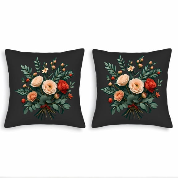 Set of 2 Decorative Throw Pillow Covers 18x18in - Elegant Floral Bouquet Design with Peach & Red Roses on Dark Background