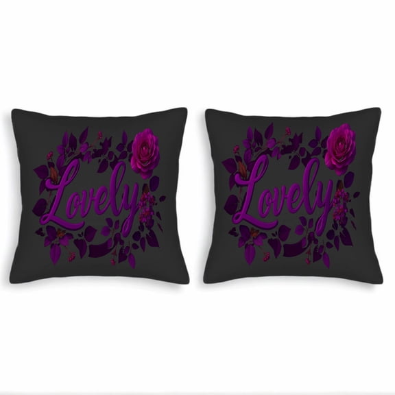 Set of 2 Decorative Throw Pillow Covers 18x18in - Elegant Floral Design with ' Lovely ' in Cursive Purple on Dark Background