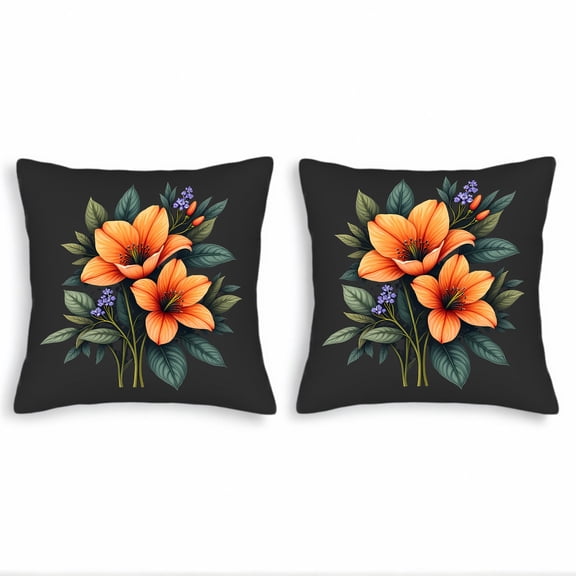 Set of 2 Decorative Throw Pillow Covers 18x18in - Elegant Floral Design with Orange Flowers & Green Leaves for Couch Bed Car