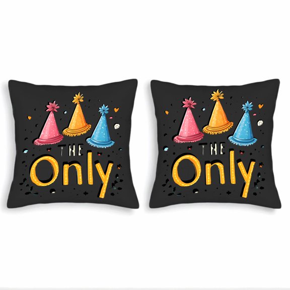Set of 2 Decorative Throw Pillow Covers 18x18in - Festive Black Background with Colorful Party Hats & Playful ' The Only ' Text