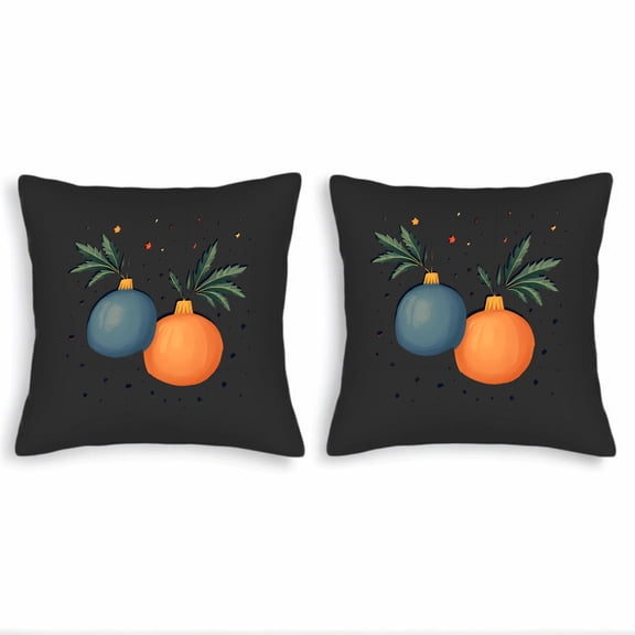 Set of 2 Decorative Throw Pillow Covers 18x18in - Festive Design with Blue & Orange Ornaments and Colorful Dots on Dark Background