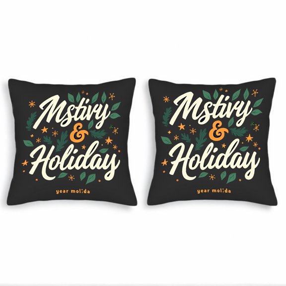 Set of 2 Decorative Throw Pillow Covers 18x18in - Festive " Holiday " Design with Green Leaves & Orange Stars for Couch Bed Car
