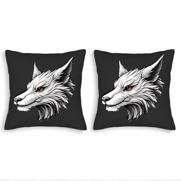 Set of 2 Decorative Throw Pillow Covers 18x18in - Fierce White Wolf Head Design with Intense Orange Eye Perfect for Couch Bed Car