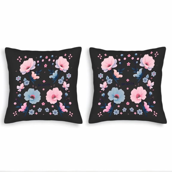 Set of 2 Decorative Throw Pillow Covers 18x18in - Floral Design with Pink Blue and Purple Flowers on Black Background ' Princess ' Accent