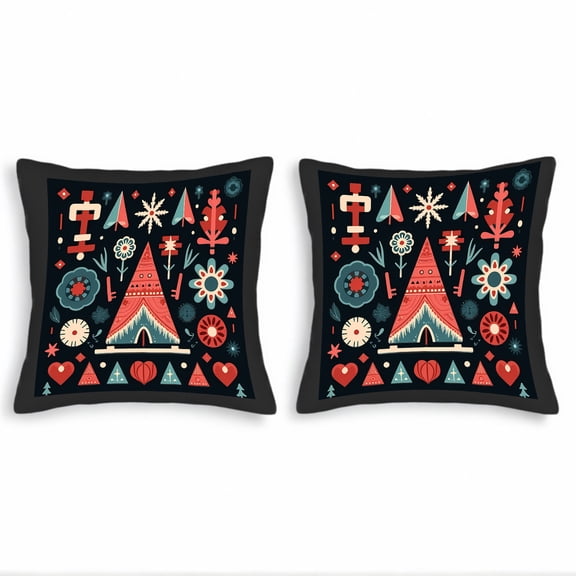 Set of 2 Decorative Throw Pillow Covers 18x18in - Folk Art Inspired Colorful Patterns with Triangles Flowers & Geometric Shapes for Couch Bed Car