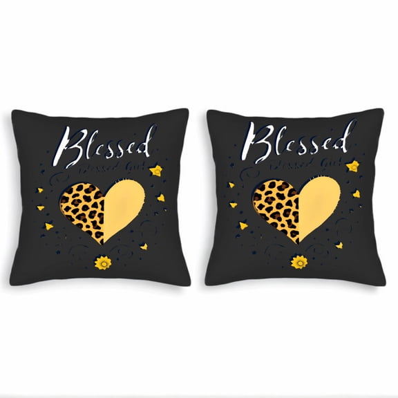 Set of 2 Decorative Throw Pillow Covers 18x18in - Heart Design with Print & Yellow ' Blessed ' Cursive Perfect for Couch & Bed
