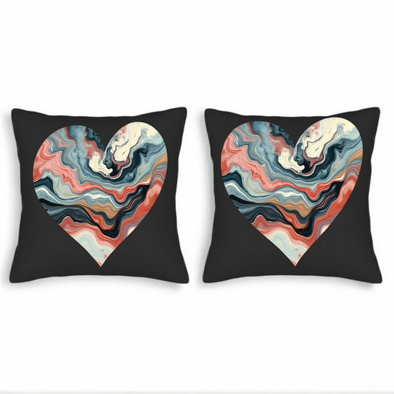 Set of 2 Decorative Throw Pillow Covers 18x18in - Heart - Shaped Colorful Marbled Design on Black Background for Couch Bed Car