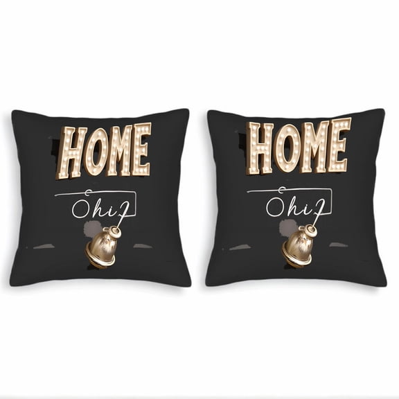 Set of 2 Decorative Throw Pillow Covers 18x18in - Modern ' HOME ' Typography with Elegant ' ohj ' Script & Vintage Golden Bell Design