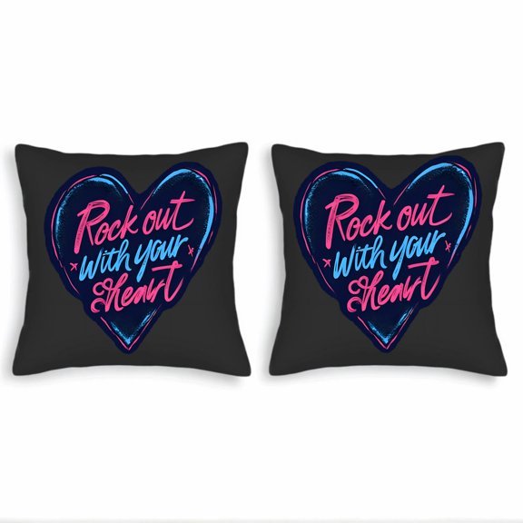 Set of 2 Decorative Throw Pillow Covers 18x18in - Modern Heart Design with " Rock out with your Heart " in Vibrant Pink & Blue