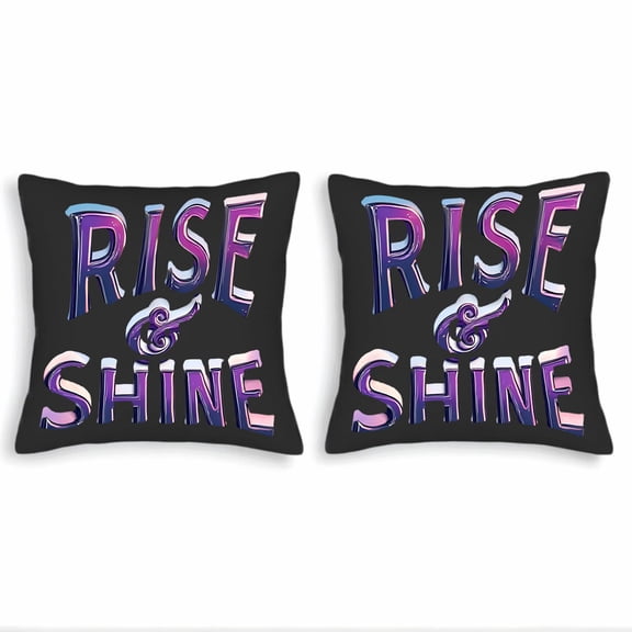 Set of 2 Decorative Throw Pillow Covers 18x18in - Modern " RISE & SHINE " Design with Gradient Purple Pink Blue on Black Background