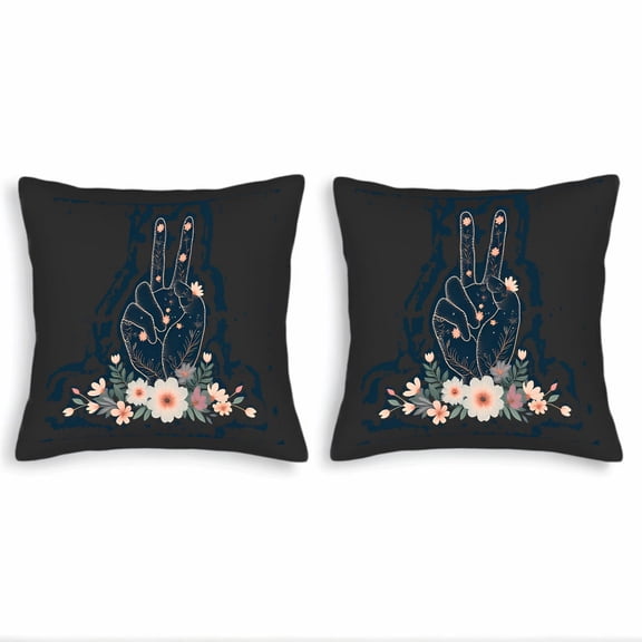 Set of 2 Decorative Throw Pillow Covers 18x18in - Peace Sign with Floral Patterns on Dark Background for Couch Bed Car