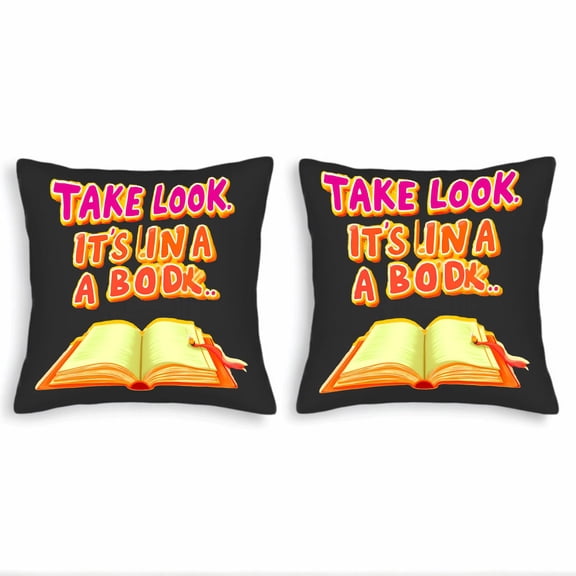 Set of 2 Decorative Throw Pillow Covers 18x18in - Playful Black Design with Bold ' TAKE LOOK IT ' S LIKE A BOOK ' Text & Open Book Illustration